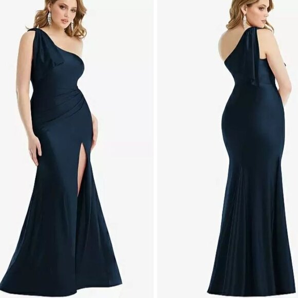 NEW Cynthia & Sahar Zaara One-Shoulder‎ Stretch Satin Dress Midnight Navy Blue M - Picture 1 of 11